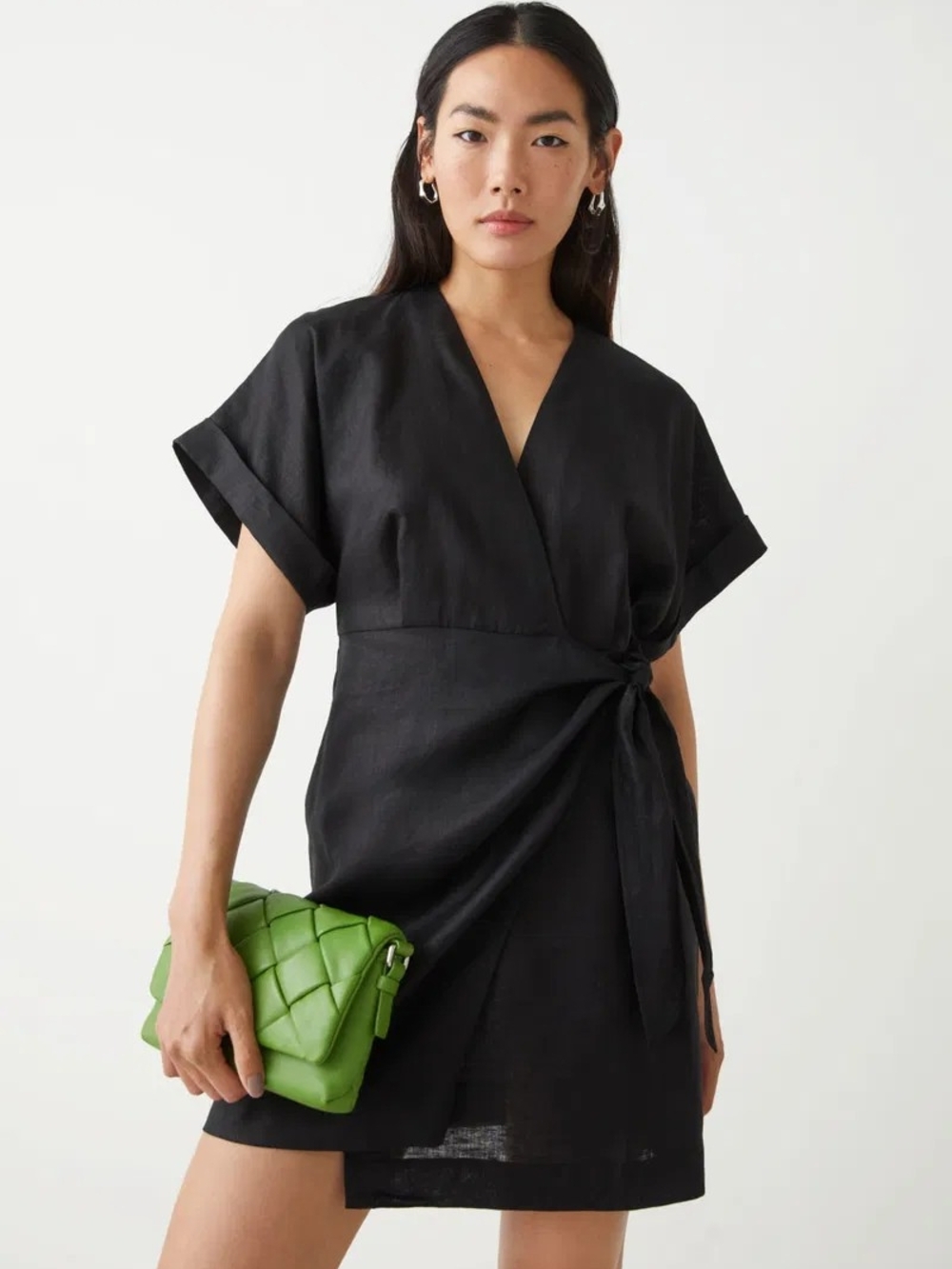 & Other Stories Black Wrap Mini Dress with Short Sleeves